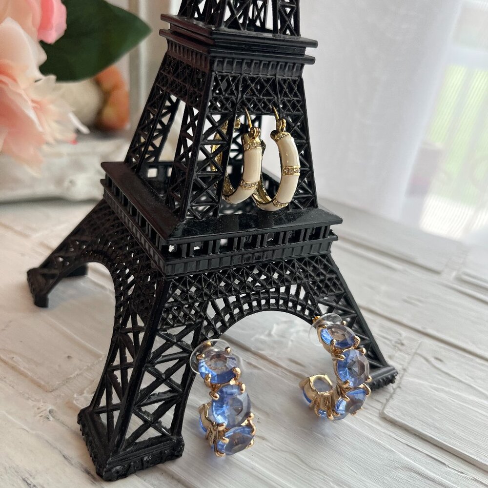 Vintage earrings, Blue Crystal & Beige Rhinestone pierced earring sets, 2 sets